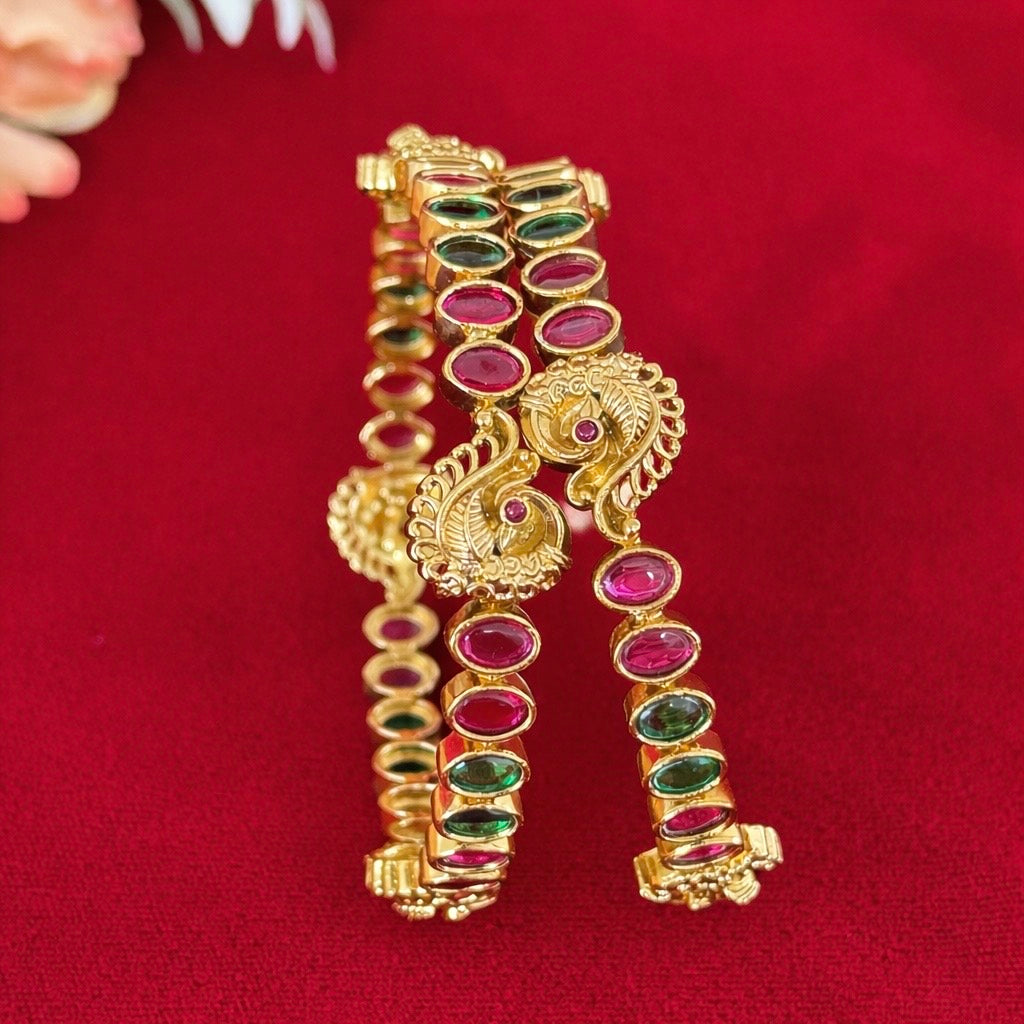 Gold Peacock Bangles Set of 2, Pink Green Stone Kada Bracelet, Traditional Indian Jewelry, Wedding Bangles, Festive Ethnic Jewelry Gift