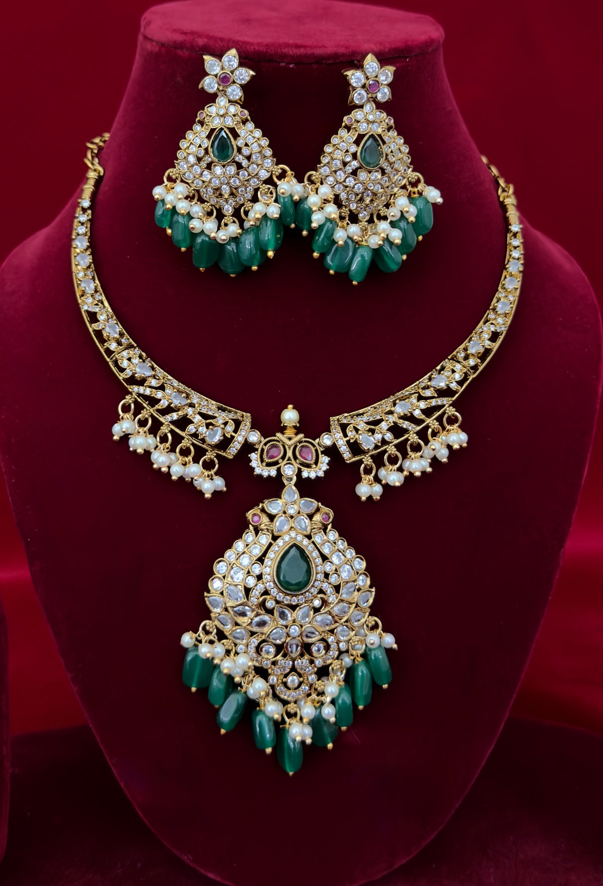 Victorian Mehendi Polish Necklace Set with Green Beads, Kundan Stones & Pearl Drops, Indian Bridal Wedding Jewelry, Ships from USA