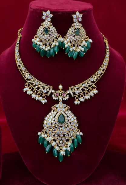 Victorian Mehendi Polish Necklace Set with Green Beads, Kundan Stones & Pearl Drops, Indian Bridal Wedding Jewelry, Ships from USA