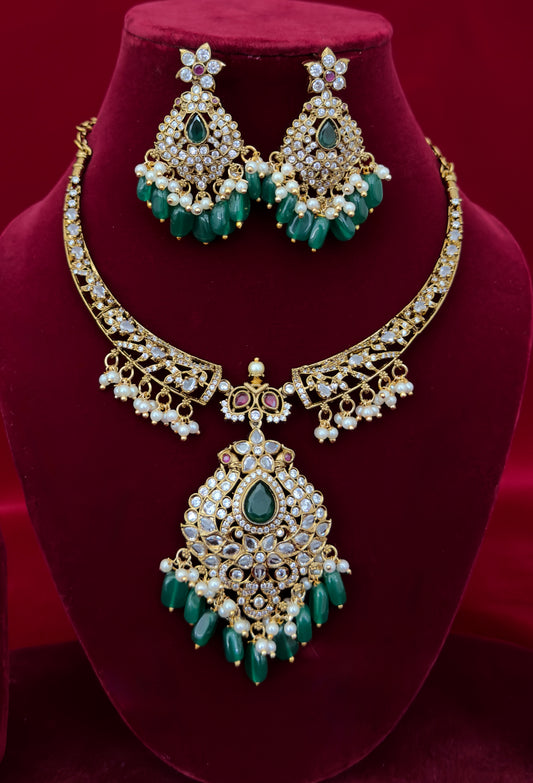 Victorian Mehendi Polish Necklace Set with Green Beads, Kundan Stones & Pearl Drops, Indian Bridal Wedding Jewelry, Ships from USA