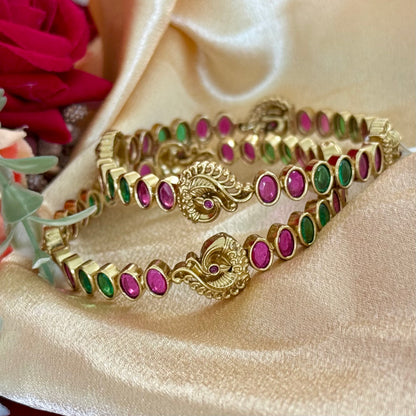 Gold Peacock Bangles Set of 2, Pink Green Stone Kada Bracelet, Traditional Indian Jewelry, Wedding Bangles, Festive Ethnic Jewelry Gift