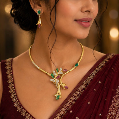 Designer CZ Floral Necklace Set, Gold Tone Statement Jewelry Set, Green Pink Stone Necklace, Party Wear Indian Jewelry, Modern Ethnic Gift