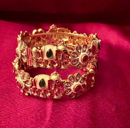 Floral Elephant Rajwadi Openable Kada Bangles | Antique Gold Traditional Bridal Jewelry