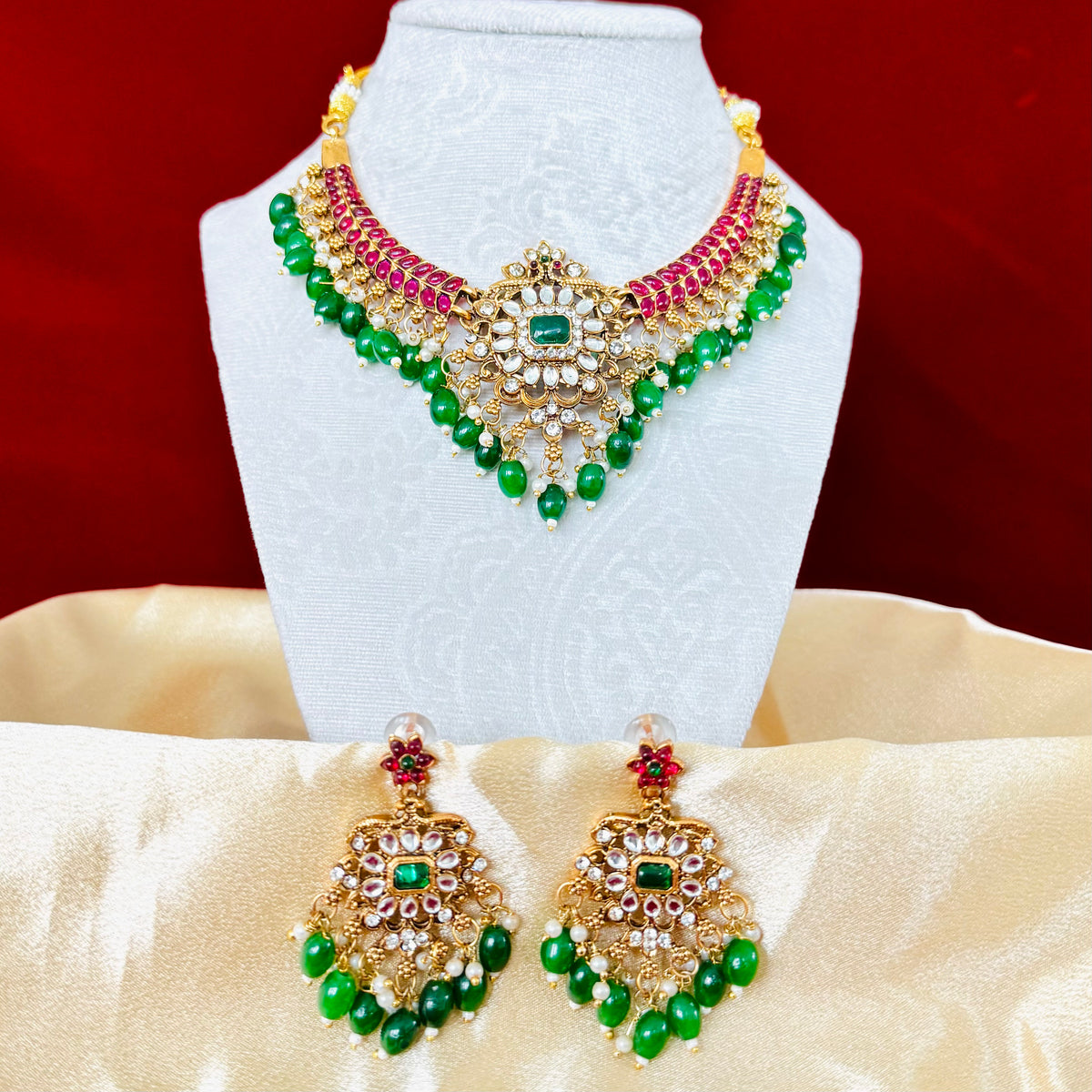 Kemp Stone Choker Necklace Set, Ruby Green Temple Jewelry, Emerald Beads Necklace with Earrings, Indian Bridal Jewelry, Ships from USA