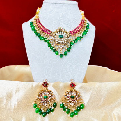 Kemp Stone Choker Necklace Set, Ruby Green Temple Jewelry, Emerald Beads Necklace with Earrings, Indian Bridal Jewelry, Ships from USA