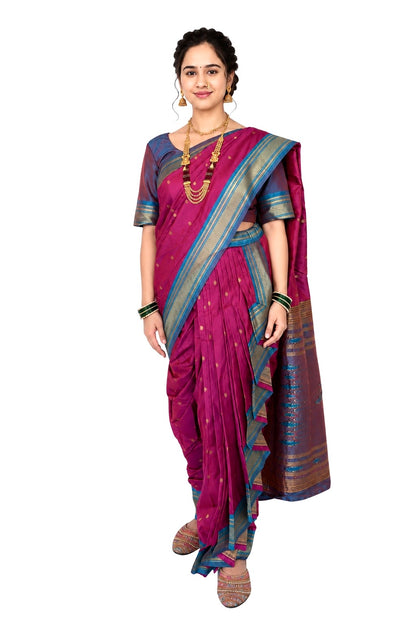 Magenta Ready to Wear Nauvari Saree, Fully Stitched Semi Silk Paithani Saree, Shahi Mastani Pattern, 9 Yard Maharashtrian Wedding Saree