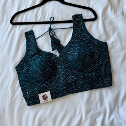 Designer Dark Teal Sleeveless Blouse with Heavy Sequin Work, Fancy blouse for Lehenga, Sarees, party wear Blouse, Top