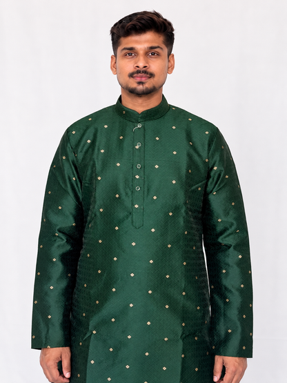 Men’s Bottle Green Jacquard Kurta Pajama Set, Golden Butti Brocade Kurta, Indian Wedding Outfit, Festive Ethnic Wear, Diwali outfit,
