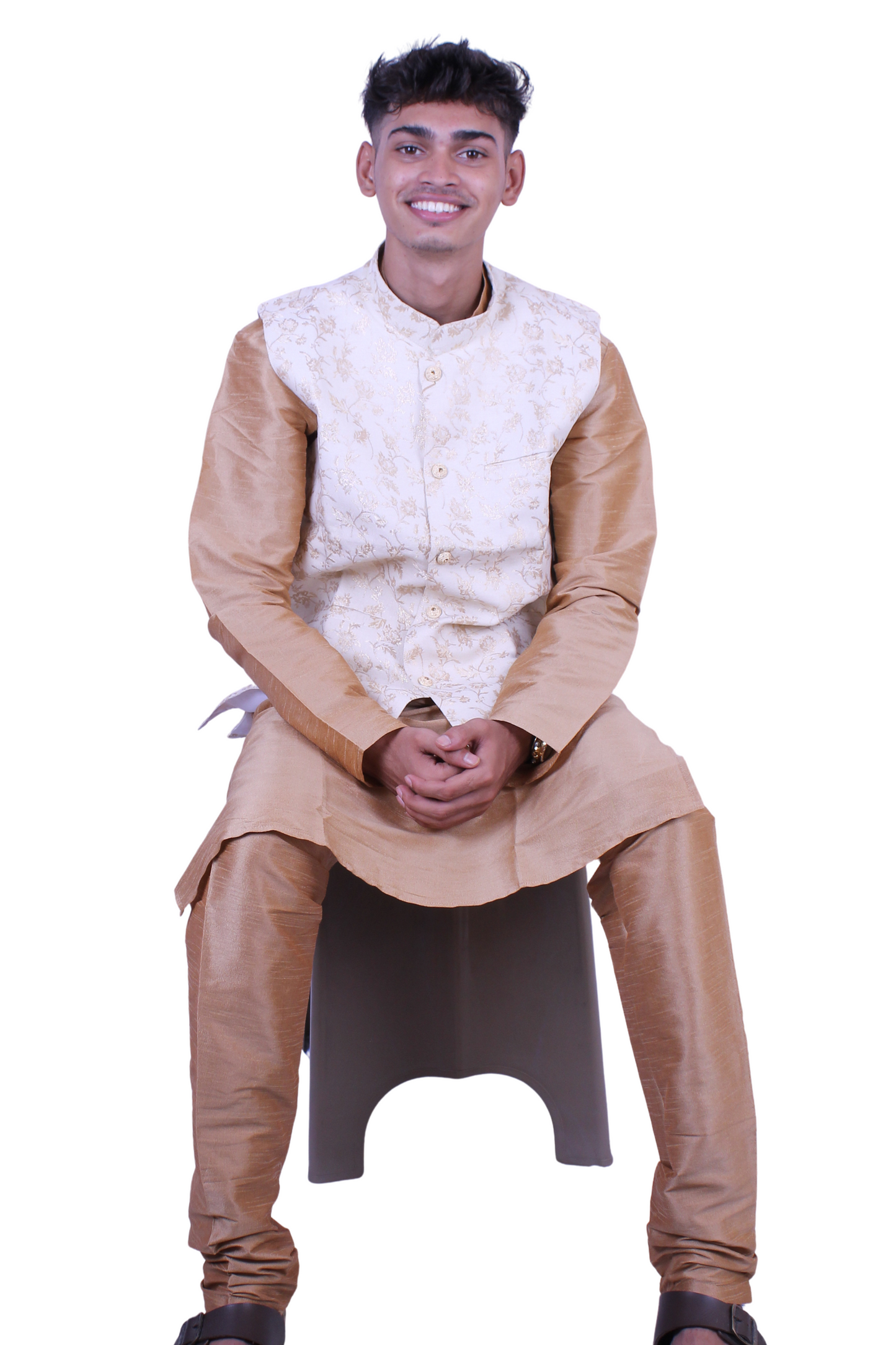 Men’s Beige Silk Kurta Pajama with White Embroidered Nehru Jacket | Indian Wedding Outfit | Festival & Party Wear, Ethnic wear, Men’s Kurta