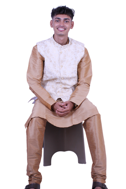 Men’s Beige Silk Kurta Pajama with White Embroidered Nehru Jacket | Indian Wedding Outfit | Festival & Party Wear, Ethnic wear, Men’s Kurta