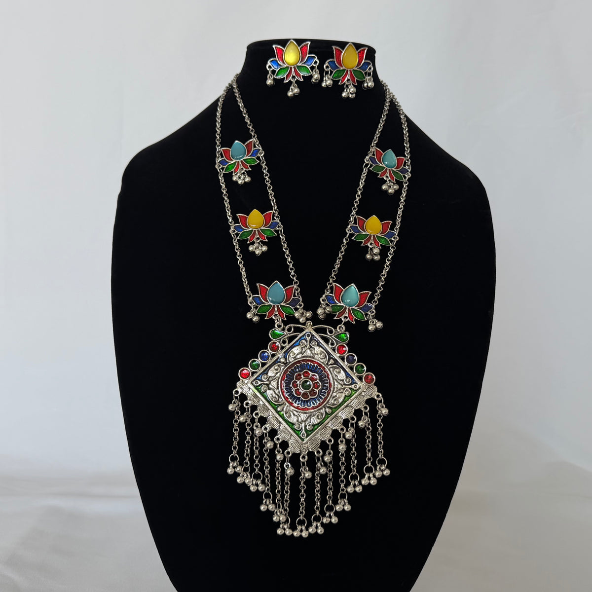 Oxidized Silver Necklace Set, Long Indian Statement Necklace, Colorful Lotus Jewelry, Ghungroo Pendant, Ethnic Boho Necklace Earrings,
