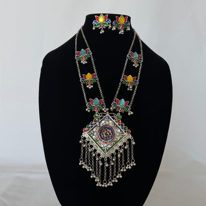 Oxidized Silver Necklace Set, Long Indian Statement Necklace, Colorful Lotus Jewelry, Ghungroo Pendant, Ethnic Boho Necklace Earrings,