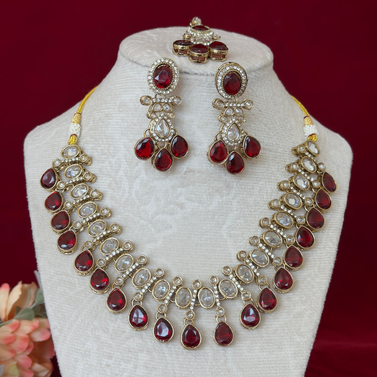 Maroon Kundan Necklace Set with Earrings & Maang Tikka, Indian Bridal Jewelry Set, Gold Tone Kundan Wedding Necklace, Traditional Jewelry