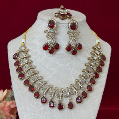 Maroon Kundan Necklace Set with Earrings & Maang Tikka, Indian Bridal Jewelry Set, Gold Tone Kundan Wedding Necklace, Traditional Jewelry