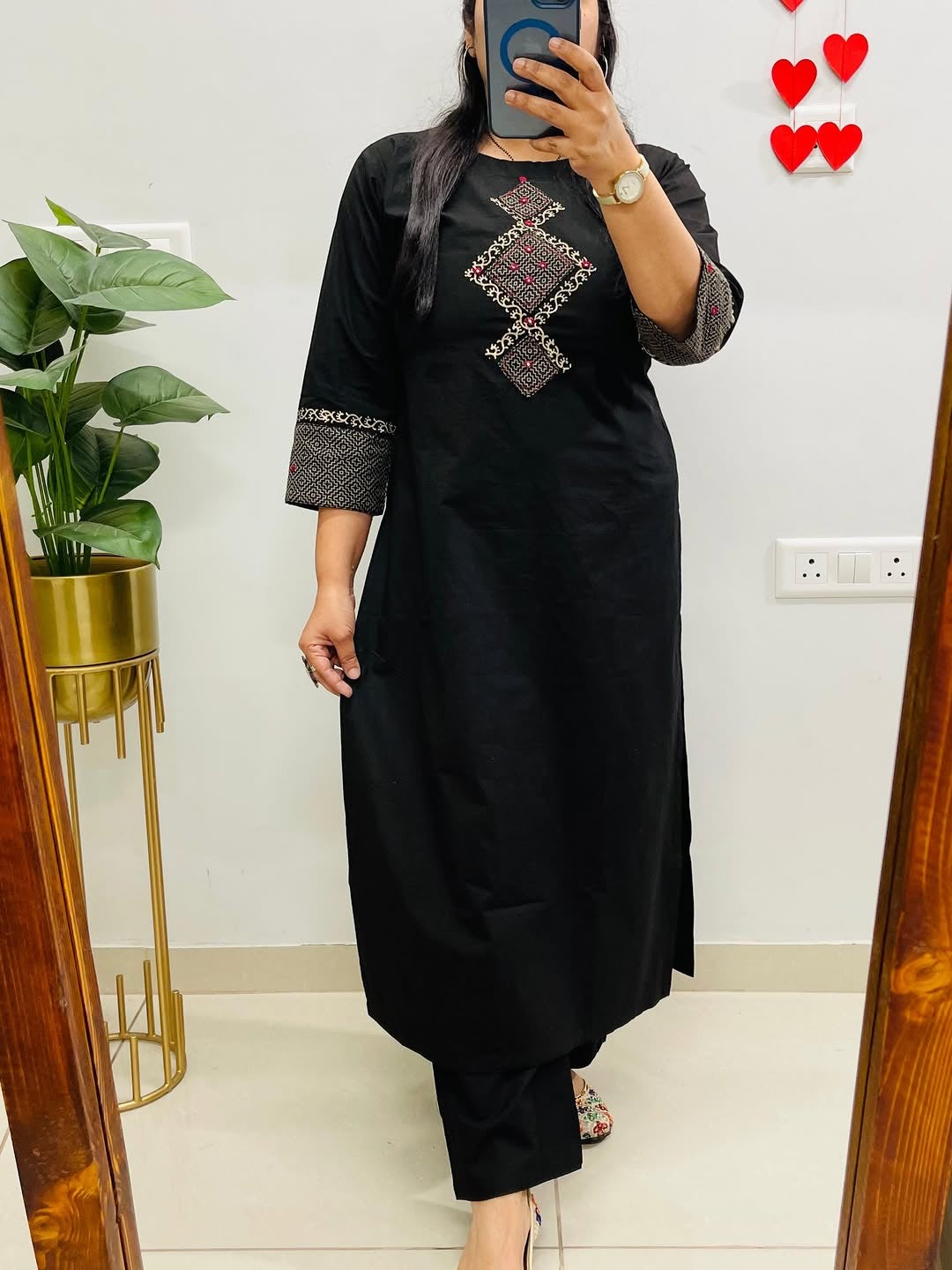 Black Cotton Co-Ord Set for Women | Mirror & Thread Embroidered A-Line Kurti | Ankle Length Pants with Pockets | Elegant Everyday Wear |