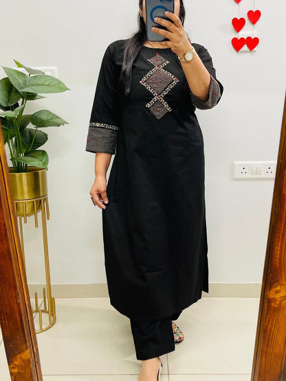 Black Cotton Co-Ord Set for Women | Mirror & Thread Embroidered A-Line Kurti | Ankle Length Pants with Pockets | Elegant Everyday Wear |