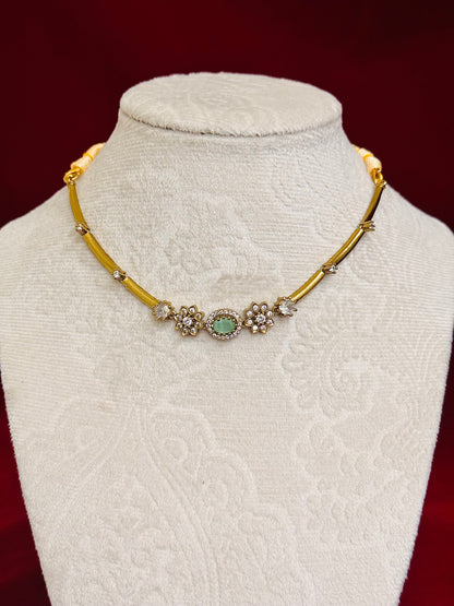 Mint Green Stone Necklace Set, Elegant Gold Floral Necklace, Indian Wedding Jewelry Set, CZ Diamond Necklace, Bridesmaid Jewelry, Party Wear