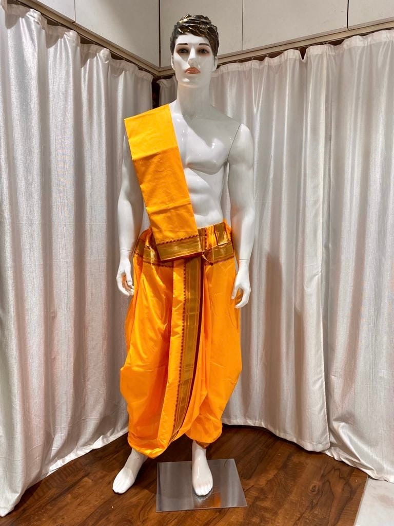 Men’s Yellow Dhoti Dupatta Set for Puja | Traditional South Indian Dhoti with Golden Zari Border | Hindu Ceremony Wear | Temple Wedding Outf