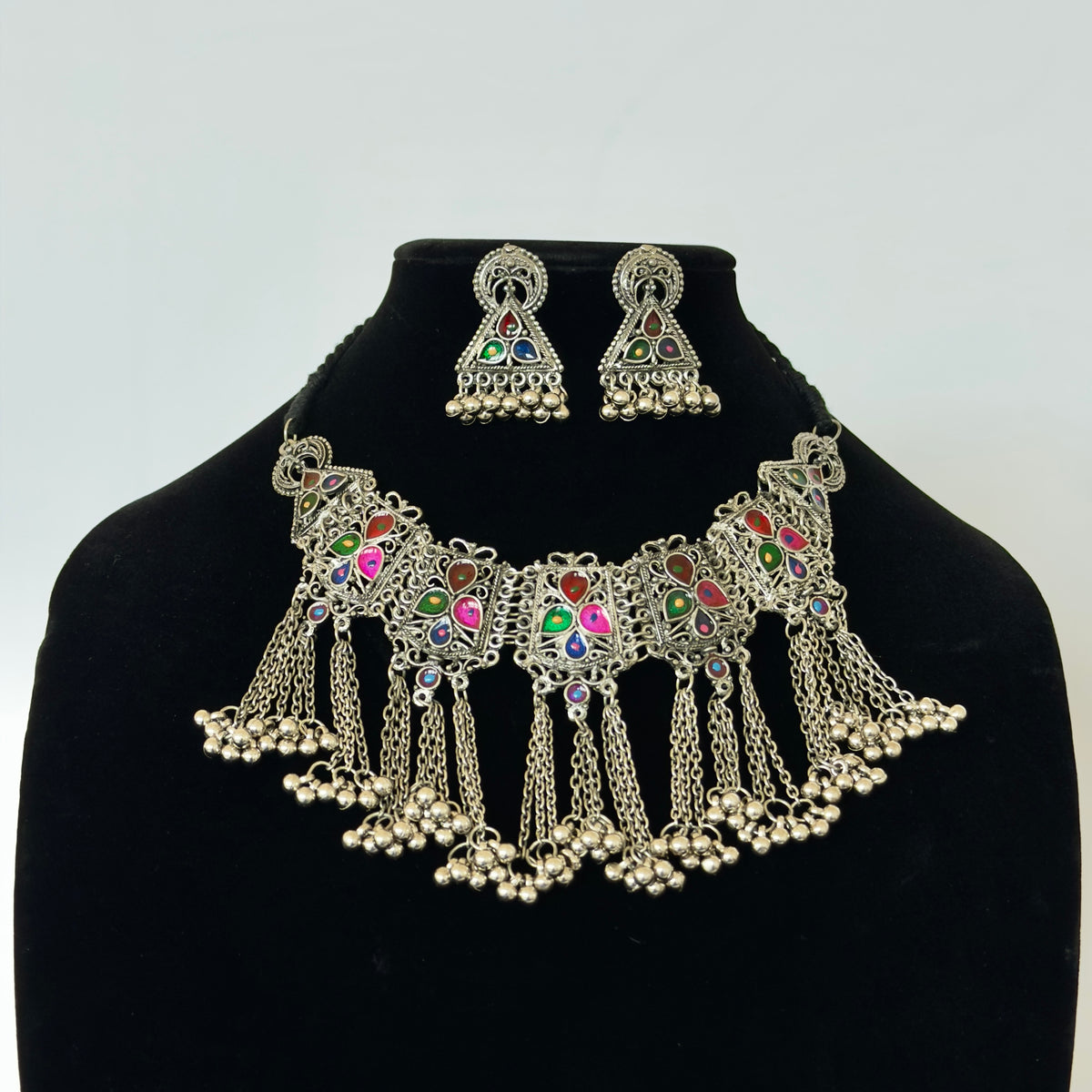 Oxidized Silver Multicolor Necklace Set, Ghungroo Statement Jewelry, Indian Boho Necklace Earrings, Navratri Garba Jewelry, Tribal Jewelry S