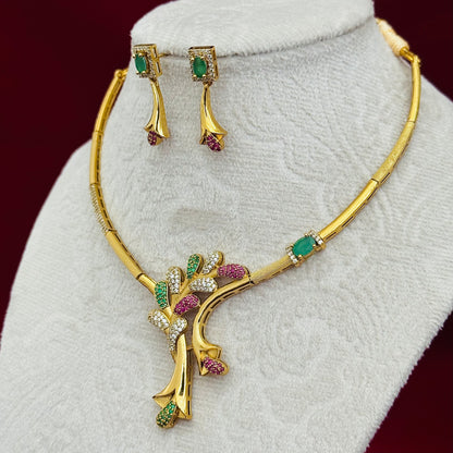 Designer CZ Floral Necklace Set, Gold Tone Statement Jewelry Set, Green Pink Stone Necklace, Party Wear Indian Jewelry, Modern Ethnic Gift