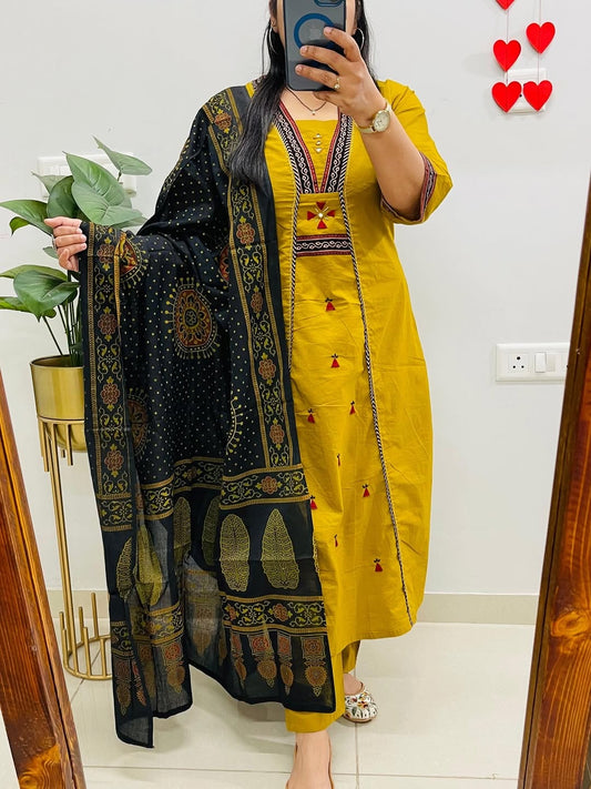 Mustard Yellow Dabu Cotton Kutch Work Suit Set with Dupatta | Pure Cotton Kurti Pant Set | Ethnic Printed Kurta Set for Women | Daily wear