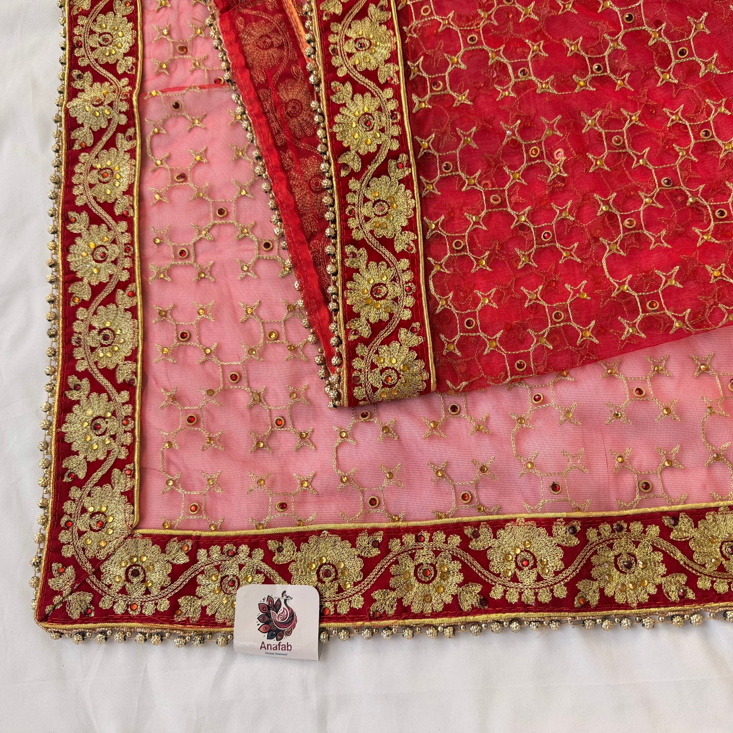 Red Bridal Net Dupatta for Lehenga | Heavy Embroidered Dulhan Dupatta | Indian Wedding Chunni | Bridal Veil with Gold Border | Bride Dupatta