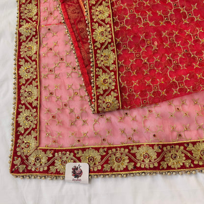 Red Bridal Net Dupatta for Lehenga | Heavy Embroidered Dulhan Dupatta | Indian Wedding Chunni | Bridal Veil with Gold Border | Bride Dupatta