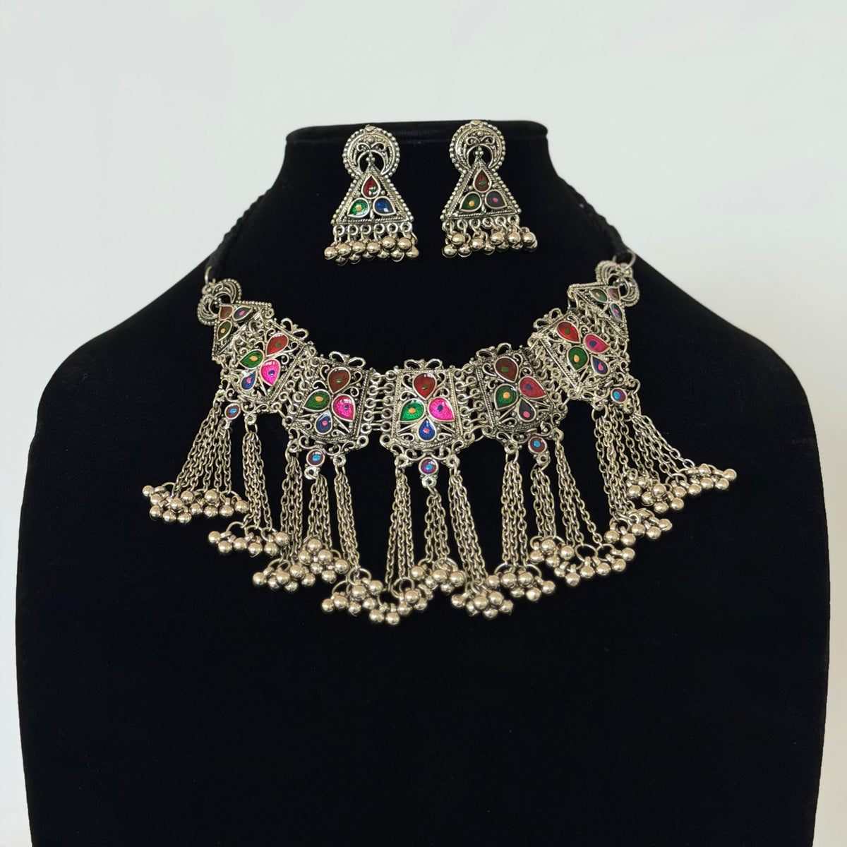 Oxidized Silver Multicolor Necklace Set, Ghungroo Statement Jewelry, Indian Boho Necklace Earrings, Navratri Garba Jewelry, Tribal Jewelry S