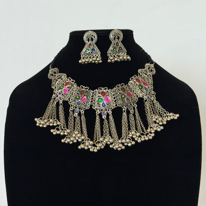 Oxidized Silver Multicolor Necklace Set, Ghungroo Statement Jewelry, Indian Boho Necklace Earrings, Navratri Garba Jewelry, Tribal Jewelry S
