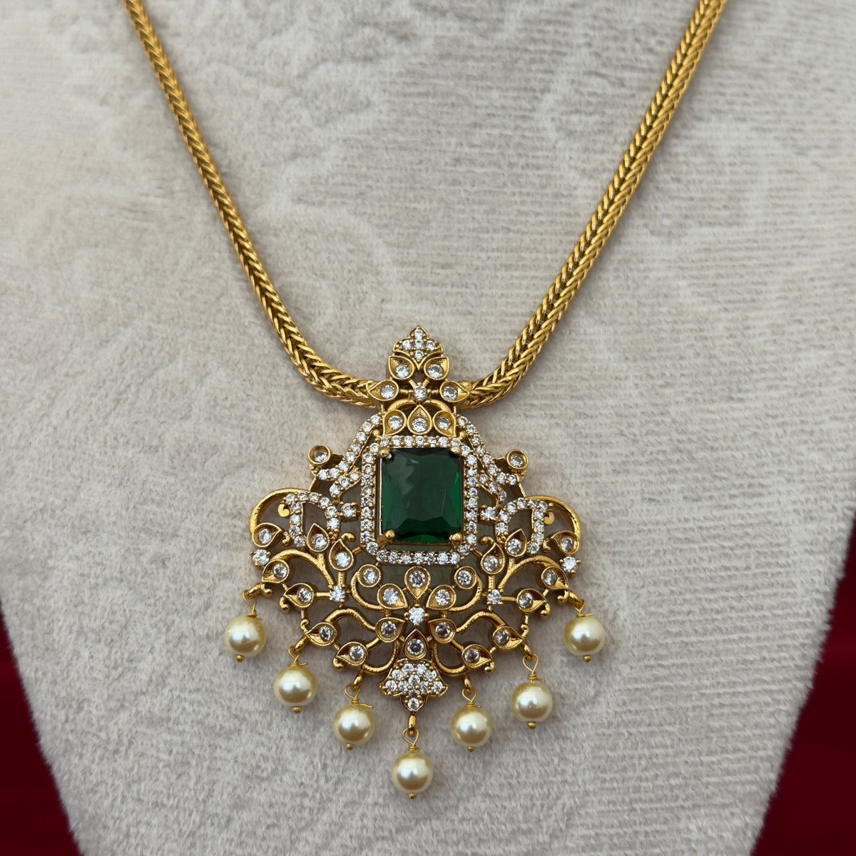 Emerald Green AD Stone Necklace Set, Gold Tone Pendant Necklace with Pearl Drops, Matching Earrings, Indian Wedding Jewelry, Ships from USA