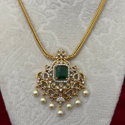 Emerald Green AD Stone Necklace Set, Gold Tone Pendant Necklace with Pearl Drops, Matching Earrings, Indian Wedding Jewelry, Ships from USA