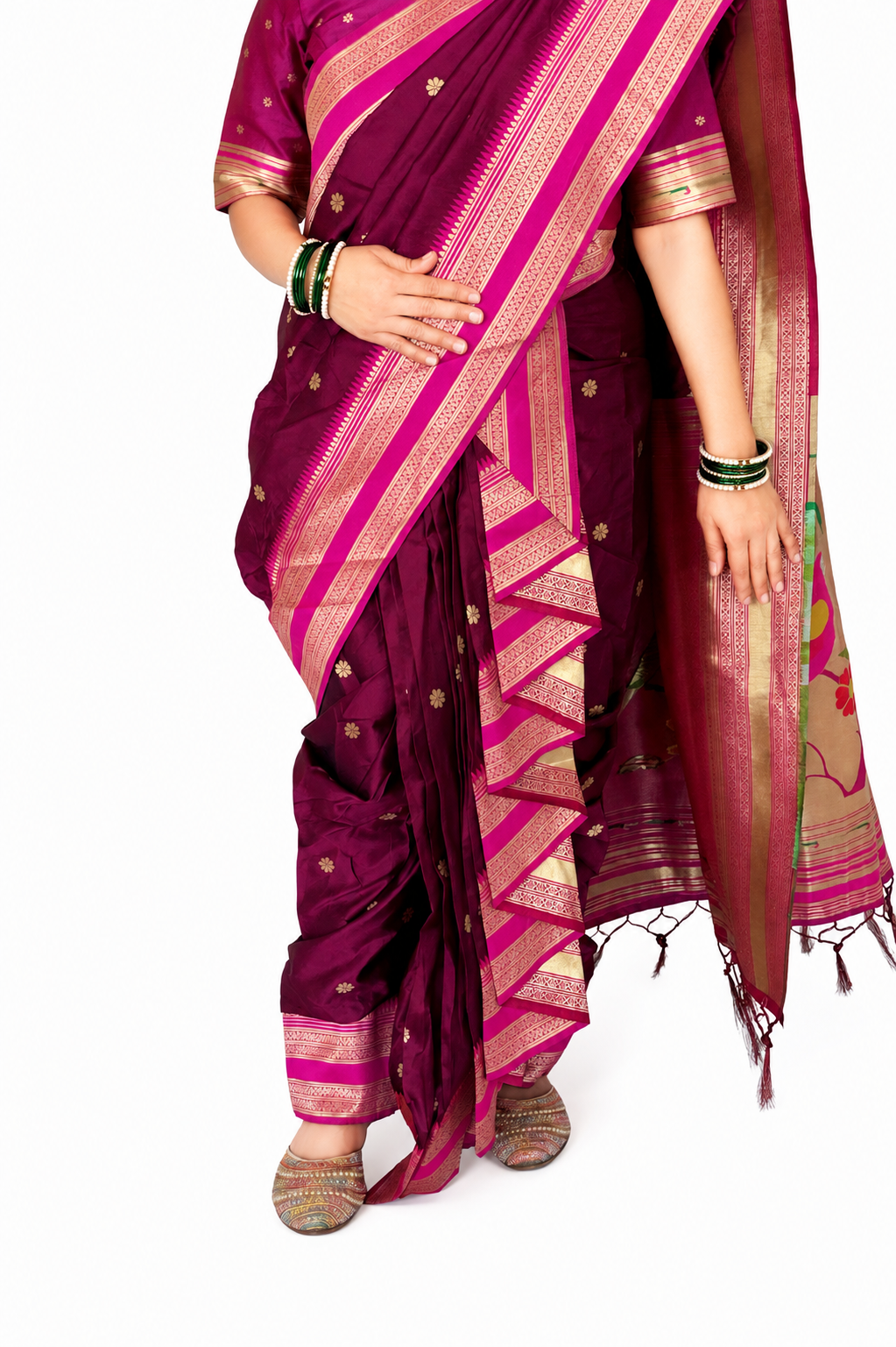 Ready to Wear Nauvari Saree with Blouse | Wine Shahi Mastani Style | Semi Silk Paithani 9 Yard Saree | Fully Stitched Maharashtrian Saree
