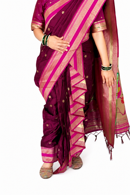 Ready to Wear Nauvari Saree with Blouse | Wine Shahi Mastani Style | Semi Silk Paithani 9 Yard Saree | Fully Stitched Maharashtrian Saree