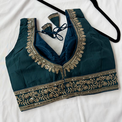 Teal Saree Blouse, Gold Zari Embroidered Blouse, Ready to Wear Indian Blouse, Sleeveless Designer Blouse, Wedding Festive Blouse, lehenga to
