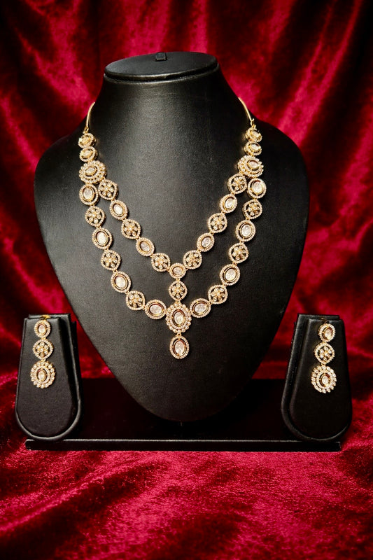 Antique Gold Polki Bridal Necklace Set | Double Layer Indian Wedding Jewelry | Statement Festive Necklace with Earrings
