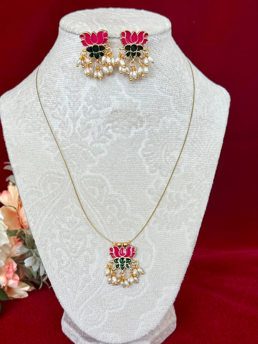 Pink Lotus Pendant Invisible Chain Necklace Set with Earrings, Lightweight Temple Jewelry, Pearl Drop Floral Necklace, Minimal Indian Jewelry