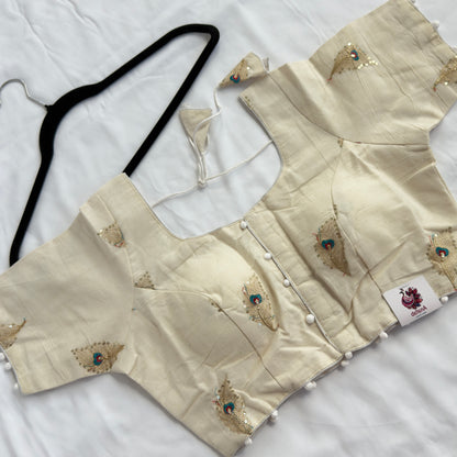 Ivory Khadi Cotton Peacock Embroidery Blouse, Sequin Saree Blouse, Ready to Wear Front Open Indian Blouse, Short Sleeve Blouse, Crop top
