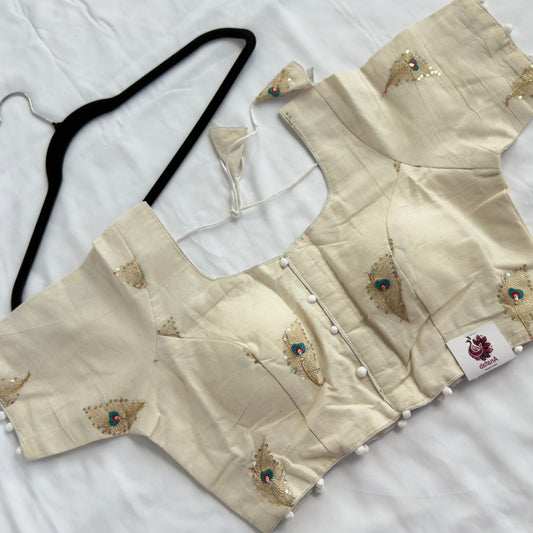 Ivory Khadi Cotton Peacock Embroidery Blouse, Sequin Saree Blouse, Ready to Wear Front Open Indian Blouse, Short Sleeve Blouse, Crop top