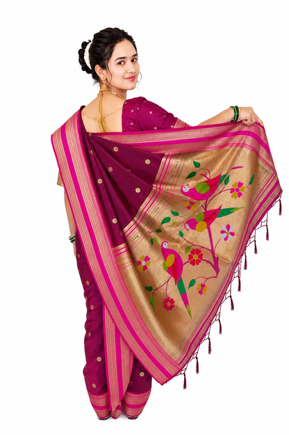 Ready to Wear Nauvari Saree with Blouse | Wine Shahi Mastani Style | Semi Silk Paithani 9 Yard Saree | Fully Stitched Maharashtrian Saree