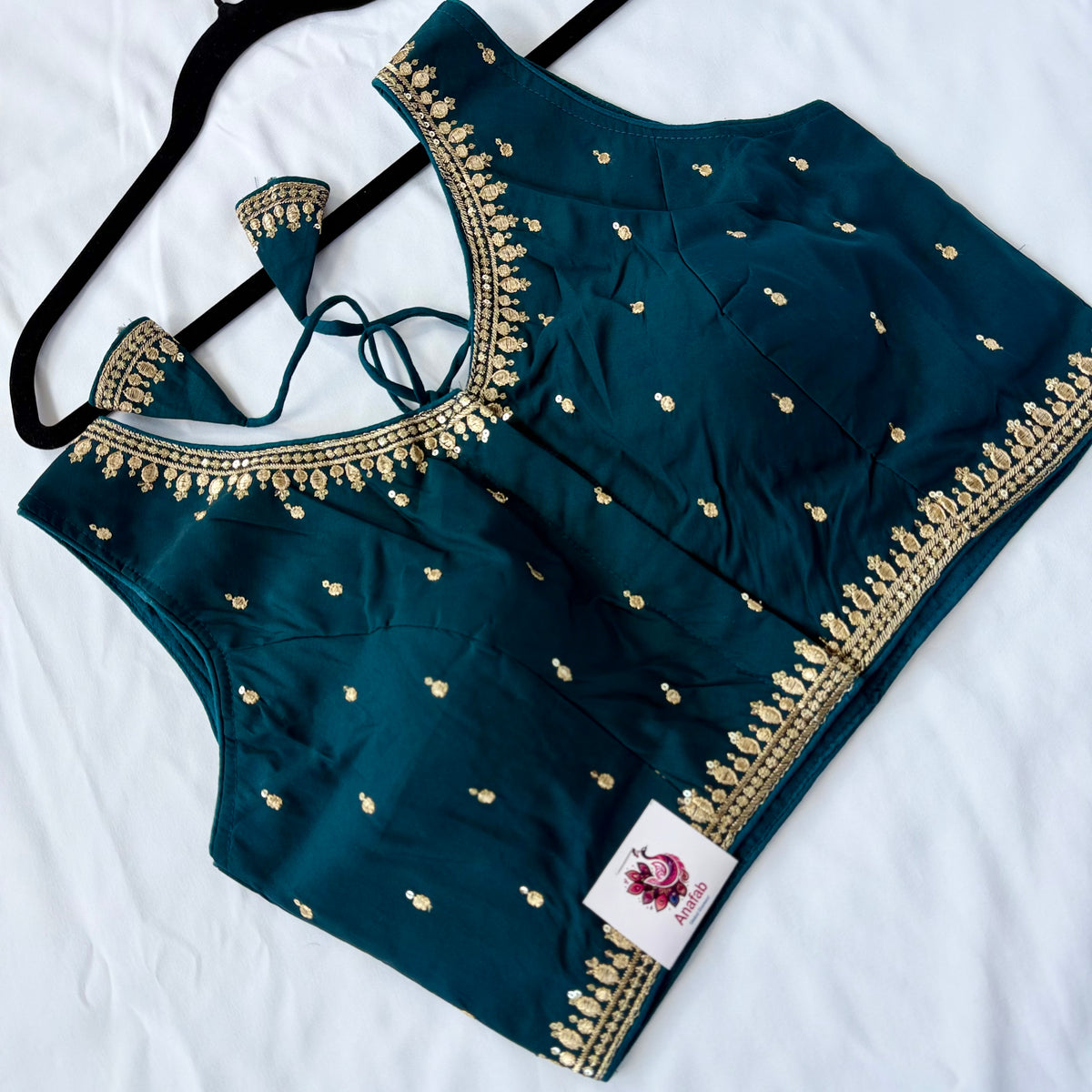 Dark Teal Jacquard Saree Blouse, Gold Embroidered Designer Blouse, Deep Back Neck Blouse with Latkan, Ready to Wear Indian Blouse, Crop top