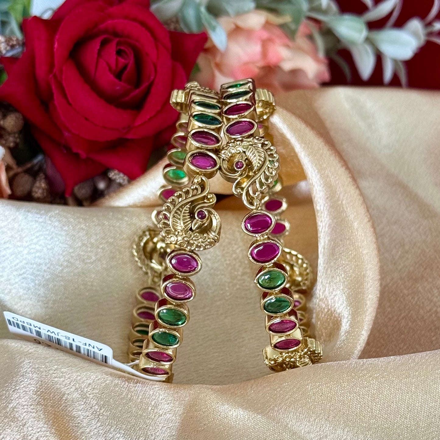 Gold Peacock Bangles Set of 2, Pink Green Stone Kada Bracelet, Traditional Indian Jewelry, Wedding Bangles, Festive Ethnic Jewelry Gift