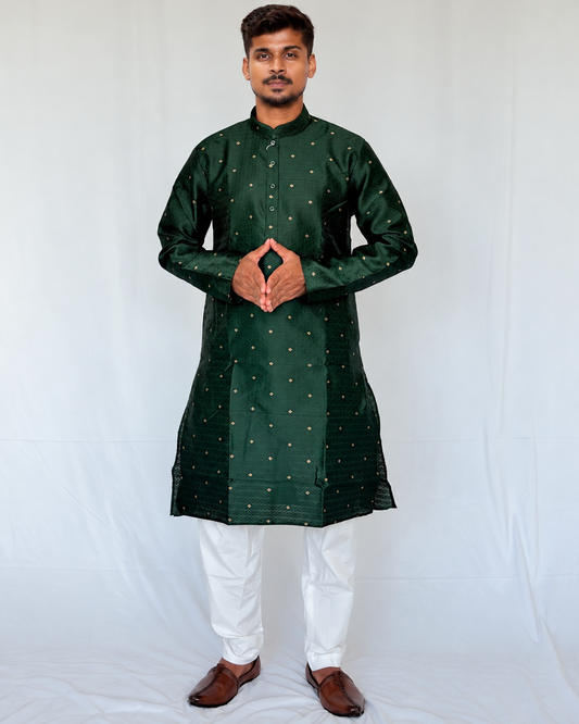 Men’s Bottle Green Jacquard Kurta Pajama Set, Golden Butti Brocade Kurta, Indian Wedding Outfit, Festive Ethnic Wear, Diwali outfit,