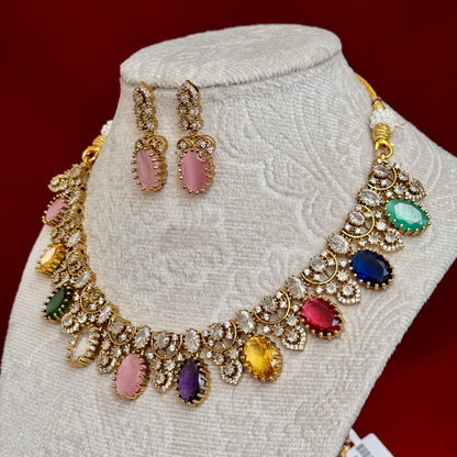 Multicolor Victorian Necklace Set for Women, Pastel Stone Statement Jewelry, Indian Wedding Necklace, CZ Party Wear Choker Set, Bridal Jewel