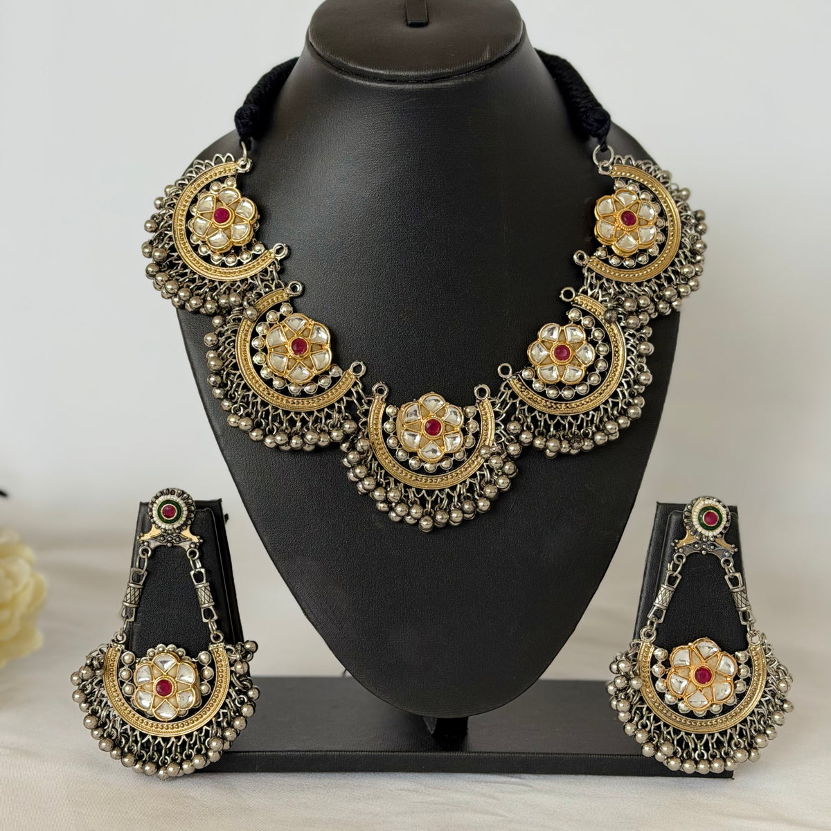 Oxidized Silver Gold Kundan Necklace Set, Indian Statement Jewelry, Navratri Garba Dandiya Necklace, Long Earrings, Tribal Boho Jewelry
