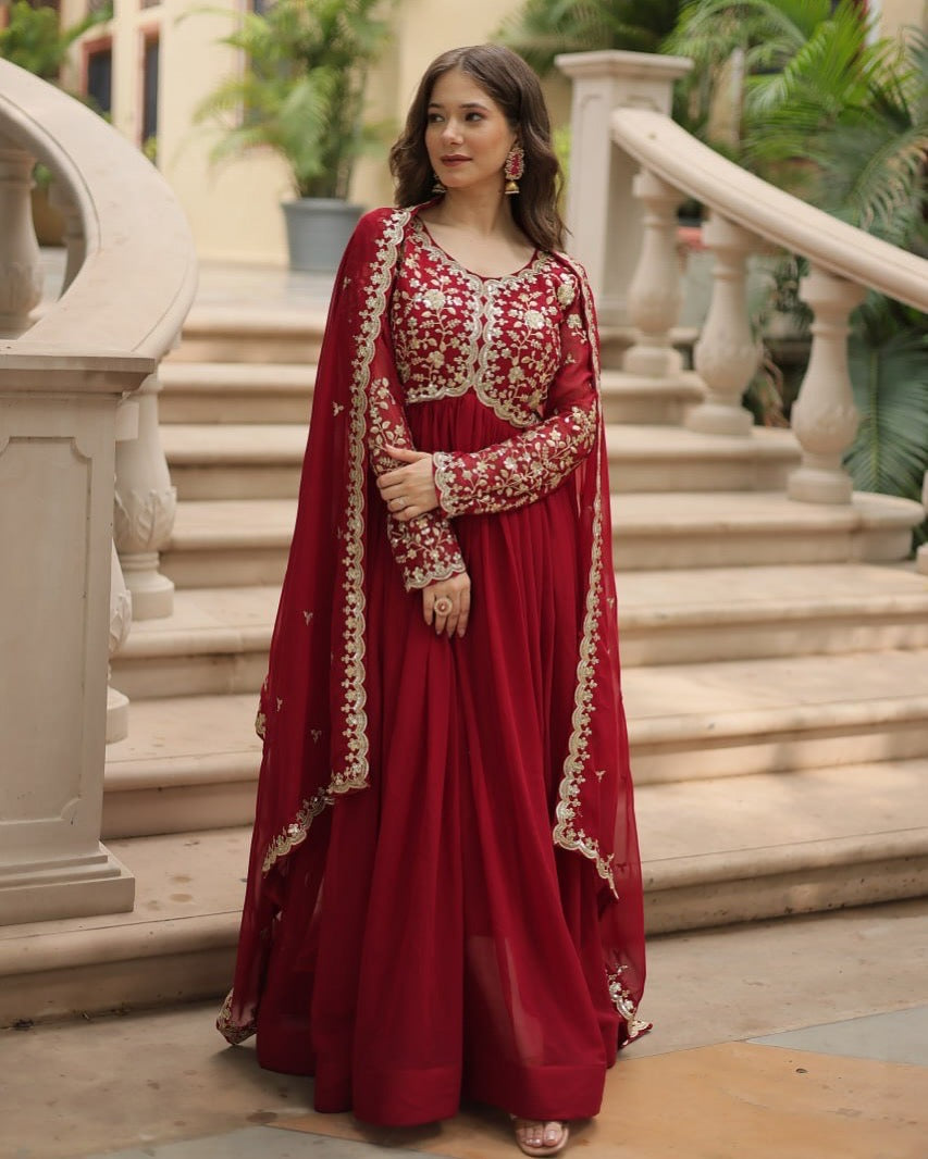 Designer Maroon Long Gown with Dupatta | Zari & Sequins Embroidered Party Wear Dress