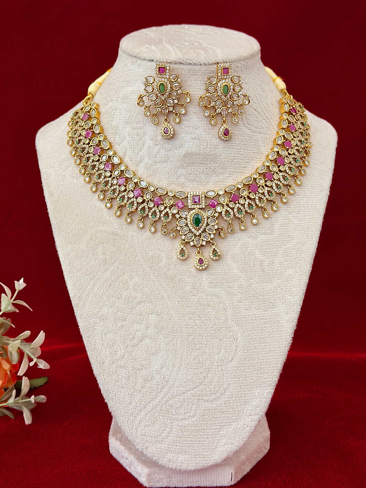Kemp Stone Necklace Set, Ruby Green Indian Jewelry with Earrings, Traditional Bridal Necklace, South Indian Wedding Jewelry, Ships from USA