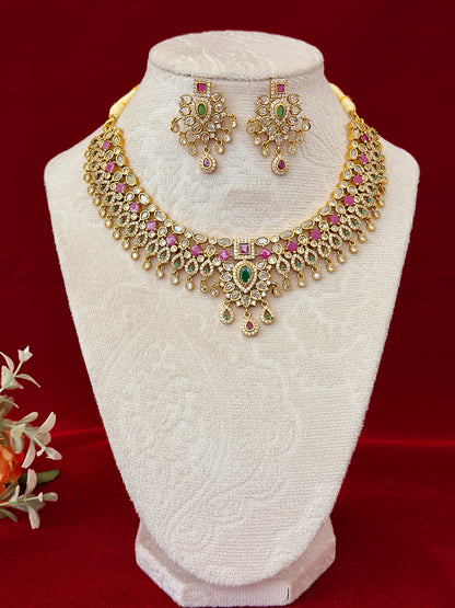 Kemp Stone Necklace Set, Ruby Green Indian Jewelry with Earrings, Traditional Bridal Necklace, South Indian Wedding Jewelry, Ships from USA