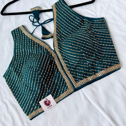 Teal Green Saree Blouse, V Neck Zari Embroidered Blouse, Sleeveless Ready to Wear Indian Blouse, Wedding Festive Blouse,