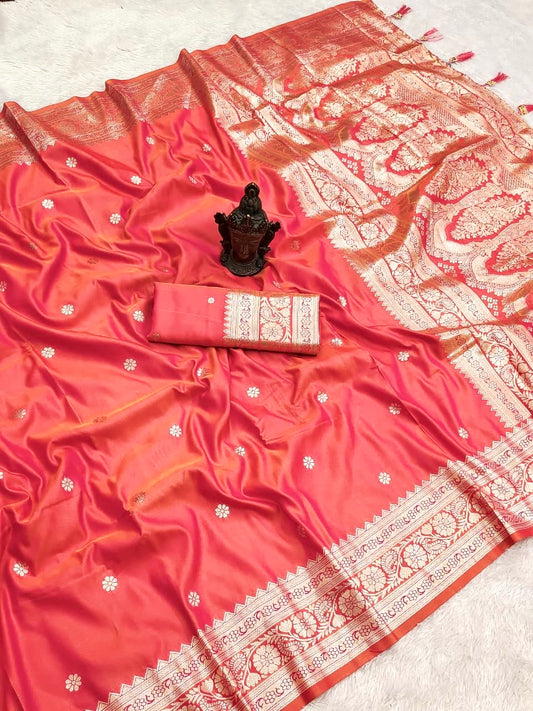Peachy Pink Soft Silk Saree,Maharashtrian Zari Butti Saree, Traditional Saree, Festive Wedding Wear Saree, Rich Pallu Sari, Gift for Women