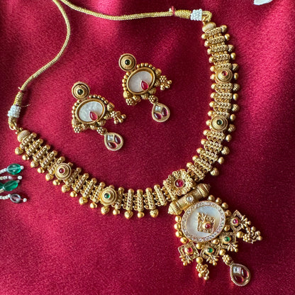 Royal Antique Gold Necklace Set with Statement Pendant & Earrings | Traditional Indian Bridal Jewelry | Ethnic Wedding & Festive Necklace Set